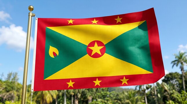 Grenada national flag with stars and nutmeg.