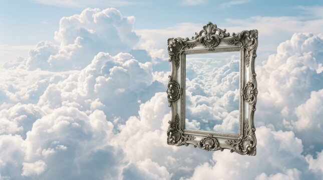 Empty Ornate Mirror Floating in Snowy Sky with Dramatic Clouds and Cold Atmosphere