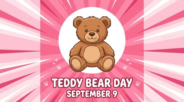 Cute Teddy Bear Sitting on Pink Floral Background with Celebration Text Overlay