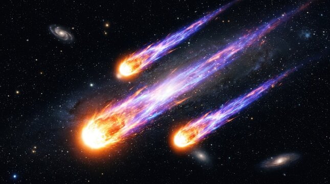 Three meteors burning in space with stars and galaxies