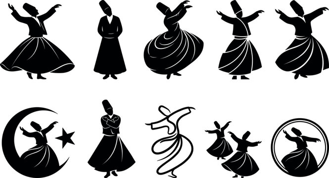 Islamic Sufi Whirling Dervish Silhouette Set with Mevlevi Dancers, Crescent Moon, and Star Elements for Cultural and Spiritual Graphic Designs