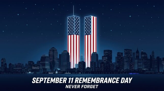 American flag on 9/11 memorial, NYC skyline at night