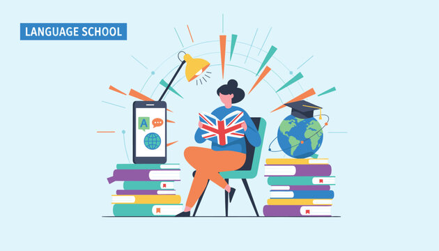 Language school educational poster with a student reading a book and surrounded by learning tools and books.
