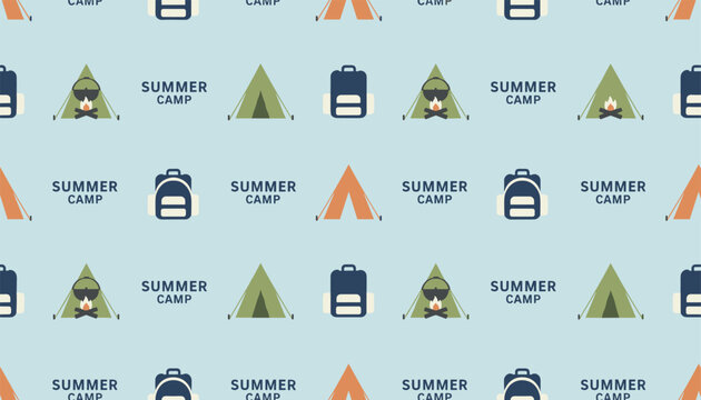 Seamless vector pattern featuring summer camp adventure elements like tents, backpacks, and campfires on a blue background.
