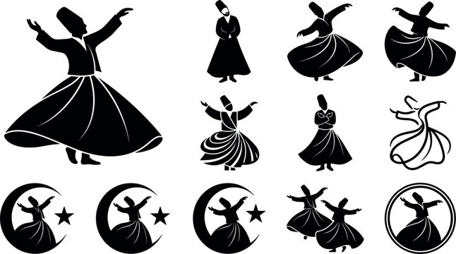 Sufi Whirling Dervish Silhouette Icon Set with Mevlevi Order Dancers, Islamic Crescent Moon, and Star Symbols for Spiritual and Cultural Designs