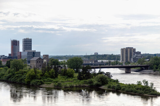 Panoramic view of Victoria Island and Ottawa River bridges. City landscape in summer