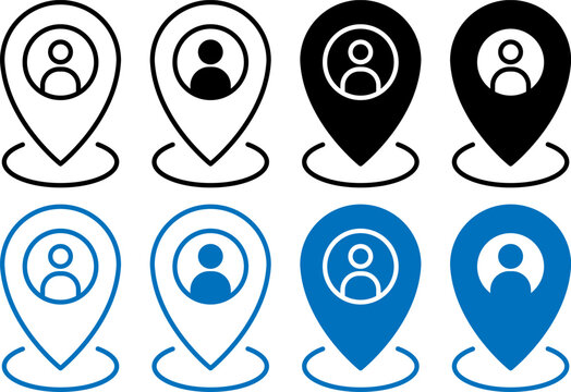 Set of user location pin icons featuring person silhouettes in flat design