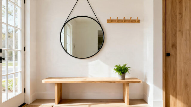 Minimalist Entryway Foyer with Wooden Bench and Mirror