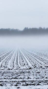 A foggy winter landscape with snow-covered tilled soil and trees in the background
