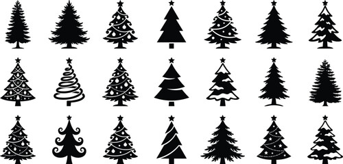 Fototapeta premium Christmas Tree Silhouette Collection Featuring Festive Evergreen Pine Icons with Decorative Holiday Designs for Winter Seasonal Vector Illustrations