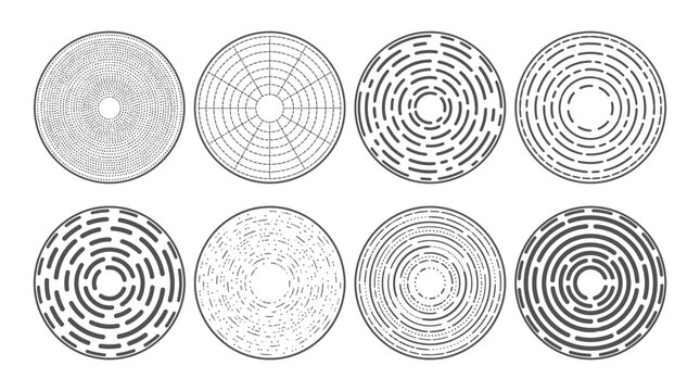 Set of concentric circle vector patterns, geometric circular grids, radial dashed line textures, circular maze rings, and stippled target shapes isolated on white background