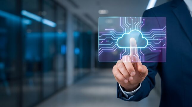 Close up of a businessman touching a futuristic holographic cloud computing interface for managing digital business infrastructure with computing