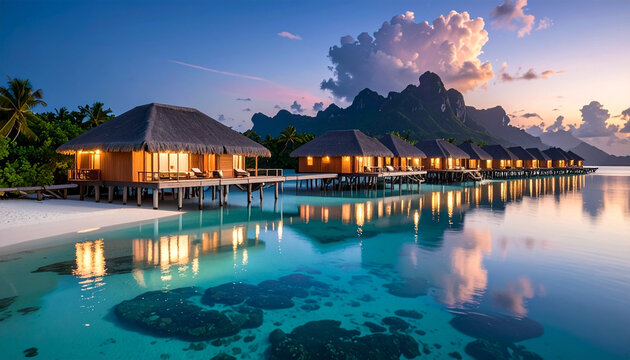 Overwater bungalows at Bora Bora at sunset tropical paradise vacation
