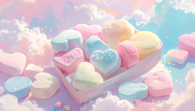 Pastel heart-shaped candies in soft dreamy clouds background