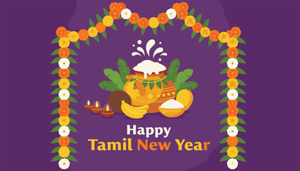 Fototapeta premium Traditional Tamil New Year celebration elements including decorative marigold garland arch, clay oil lamps, fresh fruits, and sweet rice pot.