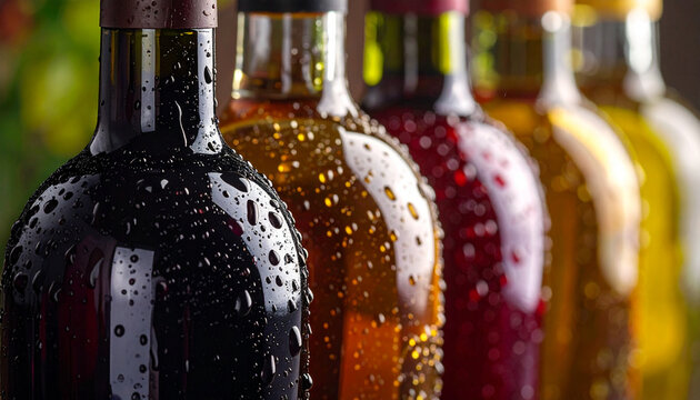 Row of Condensation-Covered Wine Bottles in Various Colors