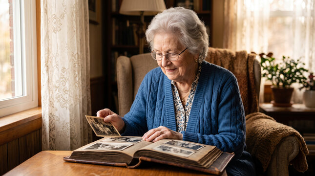 Elderly woman looking at old photographs in an album at home