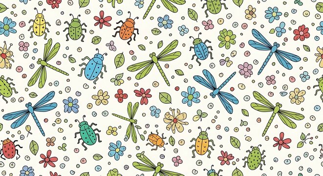 A vibrant seamless pattern of insects and flowers on white background