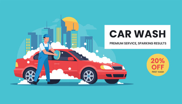 Car wash advertisement poster showing a worker in blue overalls cleaning a red passenger car with soap suds and a sponge against skyscrapers.
