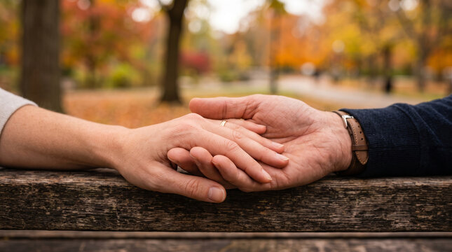 Couple holding hands on a park bench during autumn with colorful leaves
