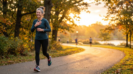 Fototapeta premium Fit senior woman jogging on park path during golden hour autumn sunset