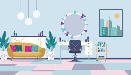 Naklejka premium Modern beauty salon interior design showcasing a stylish yellow sofa, vanity mirror with abstract shapes, chair, and cosmetic trolley.