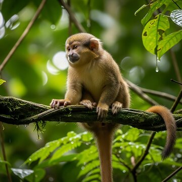 A squirrel monkey sits on a branch with green foliage