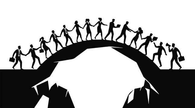 Business people holding hands forming human bridge over gap