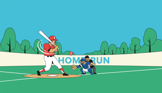 Baseball game scene on a green field with a batter hitting the ball and catcher waiting for home run.