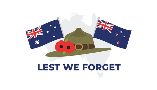 Anzac Day commemoration banner with Australian and New Zealand flags, slouch hat, and red poppies.
