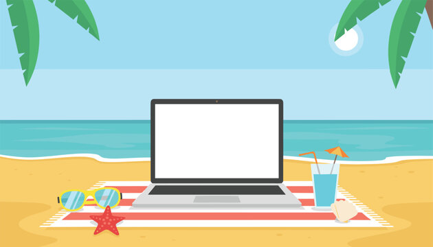 Cozy remote workplace setup with a blank screen laptop on a beach towel under tropical palm trees.