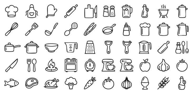 Minimalist kitchen utensils and cooking line icon set isolated on white background with culinary tools food ingredients restaurant equipment home kitchenware and grocery items vector illustration