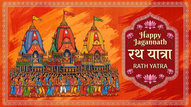 Traditional Pattachitra Art Rath Yatra Banner - Chariots, Devotees, and Hindi Text रथ यात्रा