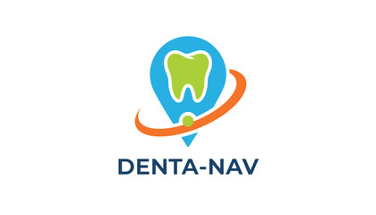 Obraz premium Dental location map pin logo design with clean green tooth and orange orbit trail for dental clinic navigation.