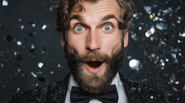 Charming bearded man. Silver party confetti falling around, bright upscale celebration background