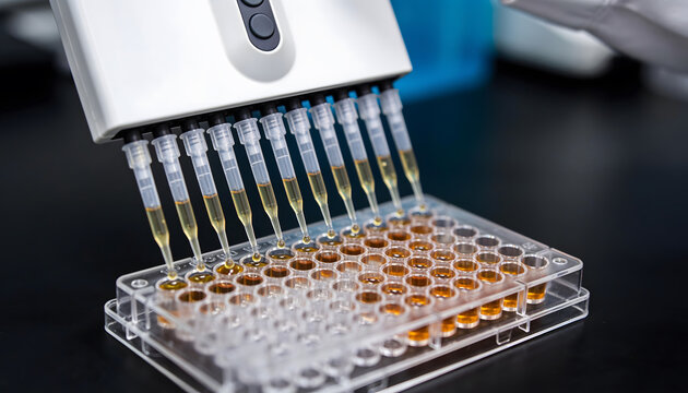 Precise laboratory equipment transfers liquid samples into a multi-well plate, showcasing meticulous scientific research and development procedures in a sterile environment