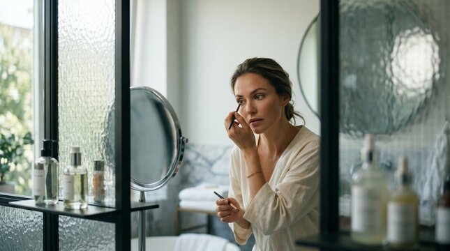 woman applying lipstick or lip care product while looking in a bathroom mirror, surrounded by cosmetic bottles and soft natural light. Suitable for makeup, beauty routine, clean beauty, self care, cos