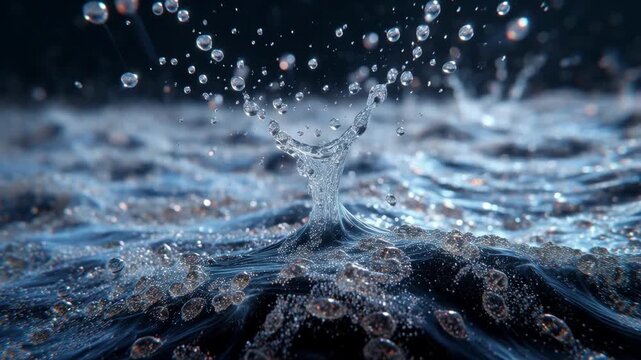 Crisp sparkling water droplet splash with dynamic droplets rippling surface reflection and dramatic