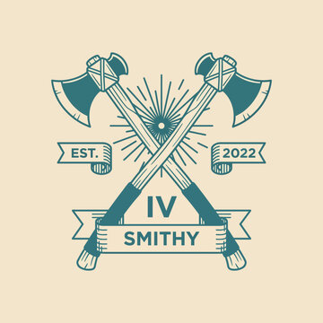 An artisan logo featuring crossed axes and a sunburst, representing a modern smithy, perfect for branding craftsmanship services or outdoor adventure products.