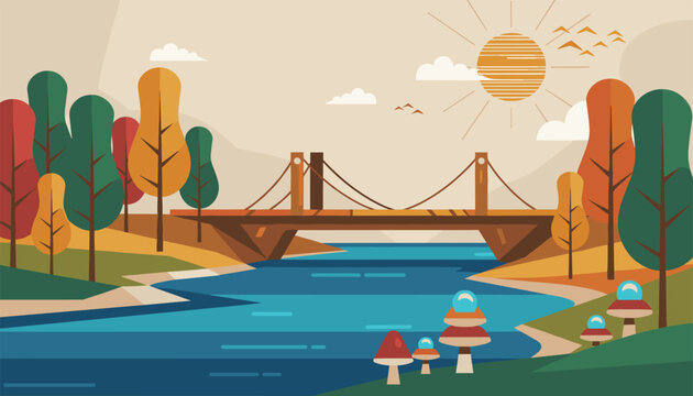Beautiful autumn landscape with wooden suspension bridge over a blue river and magical glowing mushrooms.