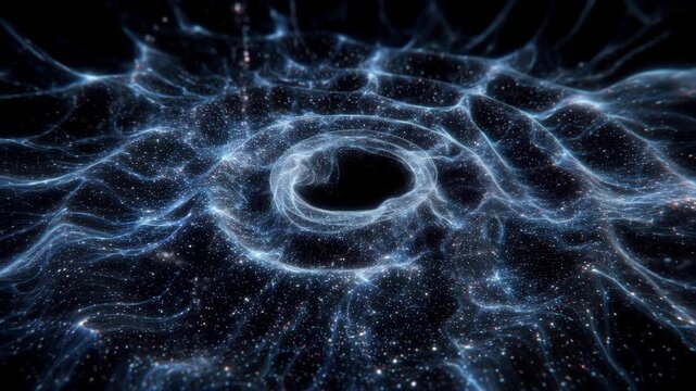 Ethereal cosmic vortex of light and particles creating rippling space texture and glowing particle