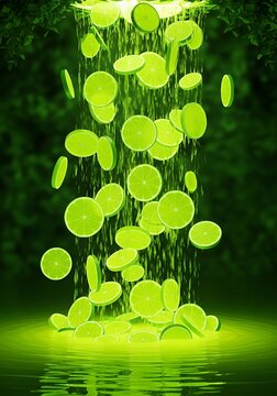 A mesmerizing display of glowing green discs falling into water