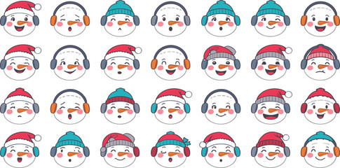 Obraz premium Cute Christmas Snowman Face Emoji Collection Featuring Winter Hats Ear Muffs Festive Expressions and Holiday Cartoon Vector Illustration Set