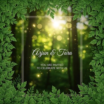 A serene forest scene with sunlight filtering through trees, leaves, and bokeh lights, featuring a wedding invitation