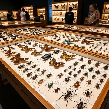 A museum exhibit showcases a large display case filled with various insects