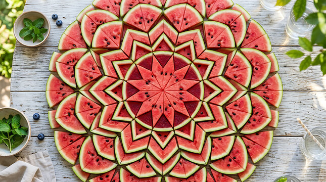 Vibrant Watermelon Slices Arranged in a Mandala Pattern on a Rustic Wooden Table with Fresh Mint and Blueberries