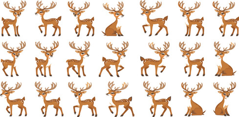 Obraz premium Cute Christmas Reindeer Character Collection Featuring Festive Woodland Deer with Antlers Winter Holiday Mascots and Cartoon Vector Illustration Set