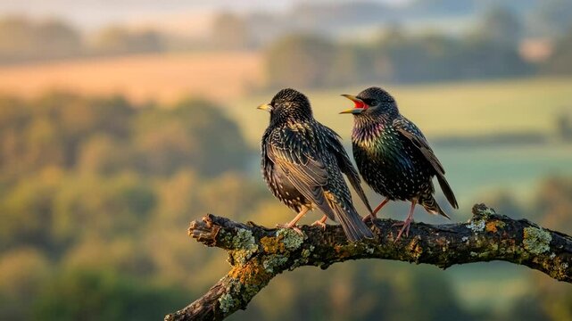 two european starling singing close up in british countryside morning light video