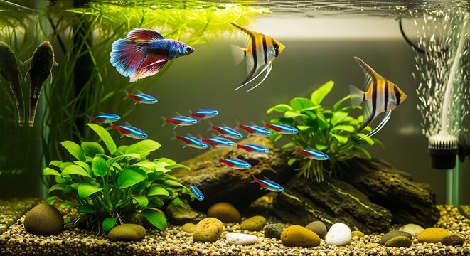A serene aquarium scene with a large blue and red fish, several smaller orange and blue fish, and lush green plants