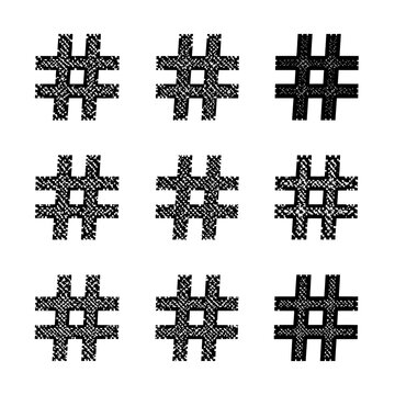 A set of nine stylized hashtag symbols in various shades of black